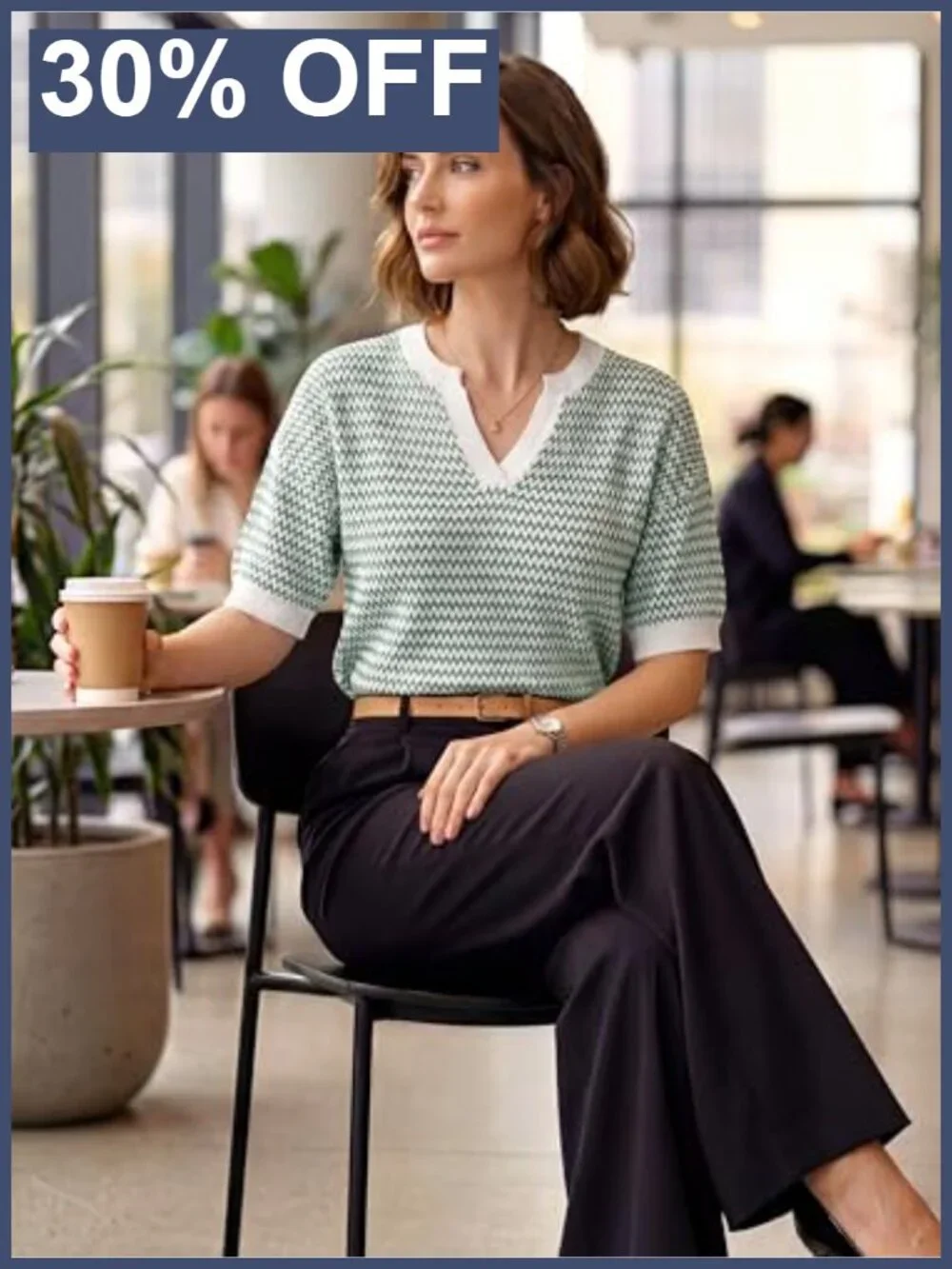 Short Sleeve Striped Pullover Sweater V-Neck Cotton Work Casual